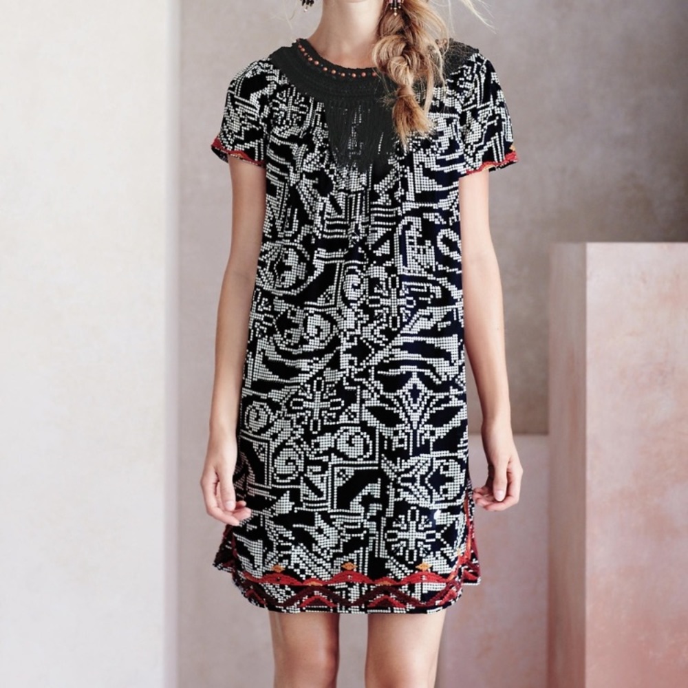 ANTHROPOLOGIE Abelia Embroidered Fringe Dress L 12